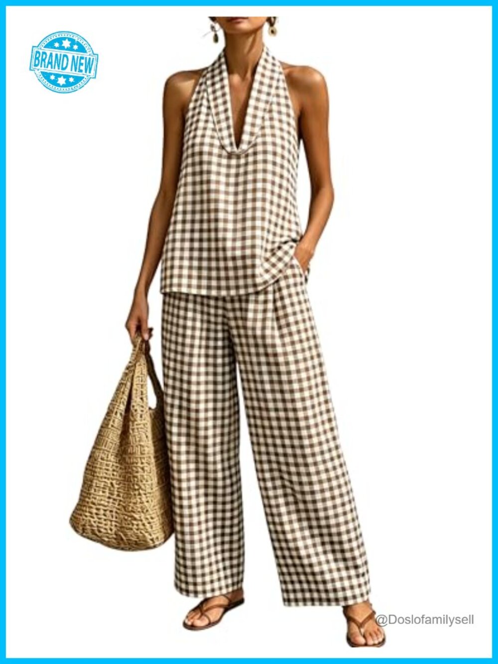 Women's Gingham 2 Piece Set Halter Sleeveless Top High Waist Pants Cotton